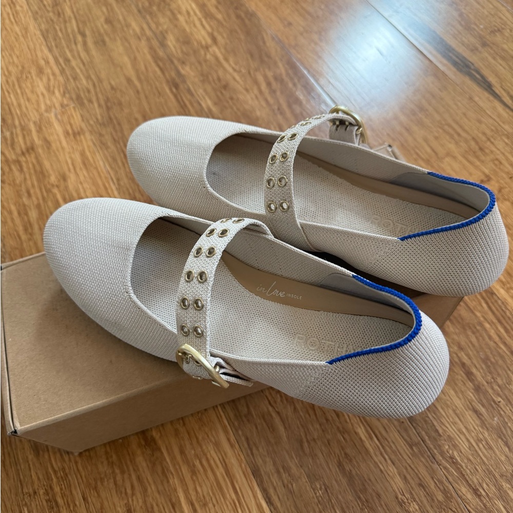 Rothy's Beige Mary Jane Flats with Gold Buckle